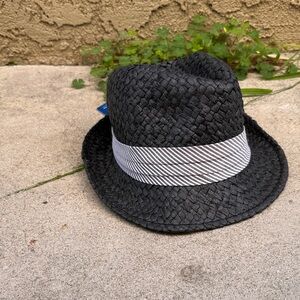 Black Paper Straw Fedora with Striped Band